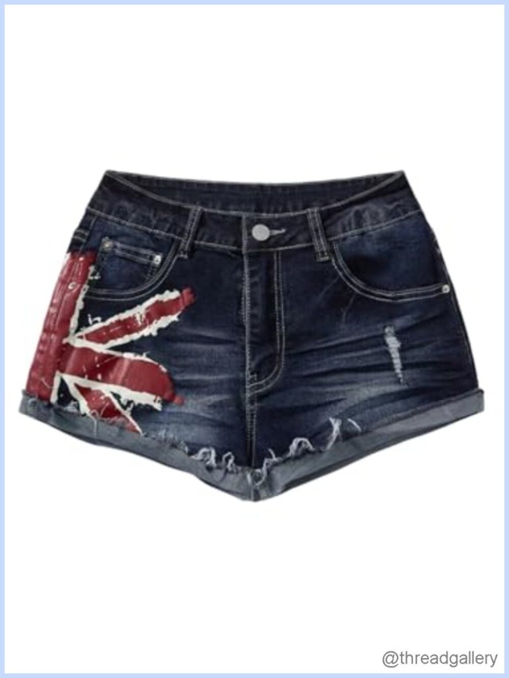 Low Rise Distressed Mini Denim Jean Shorts American Flag Print Roll Up Hem